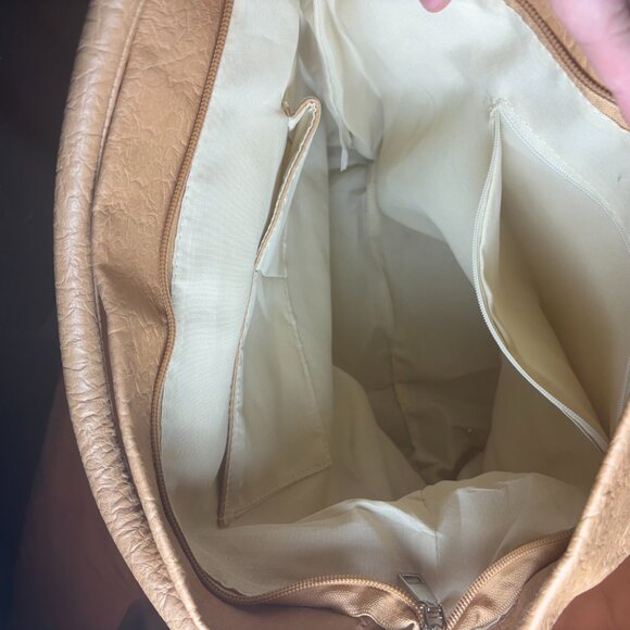 Neutral Tan Brown Blue Floral Tote Bag with Pockets and Zip Close 14x15in - Picture 6 of 8